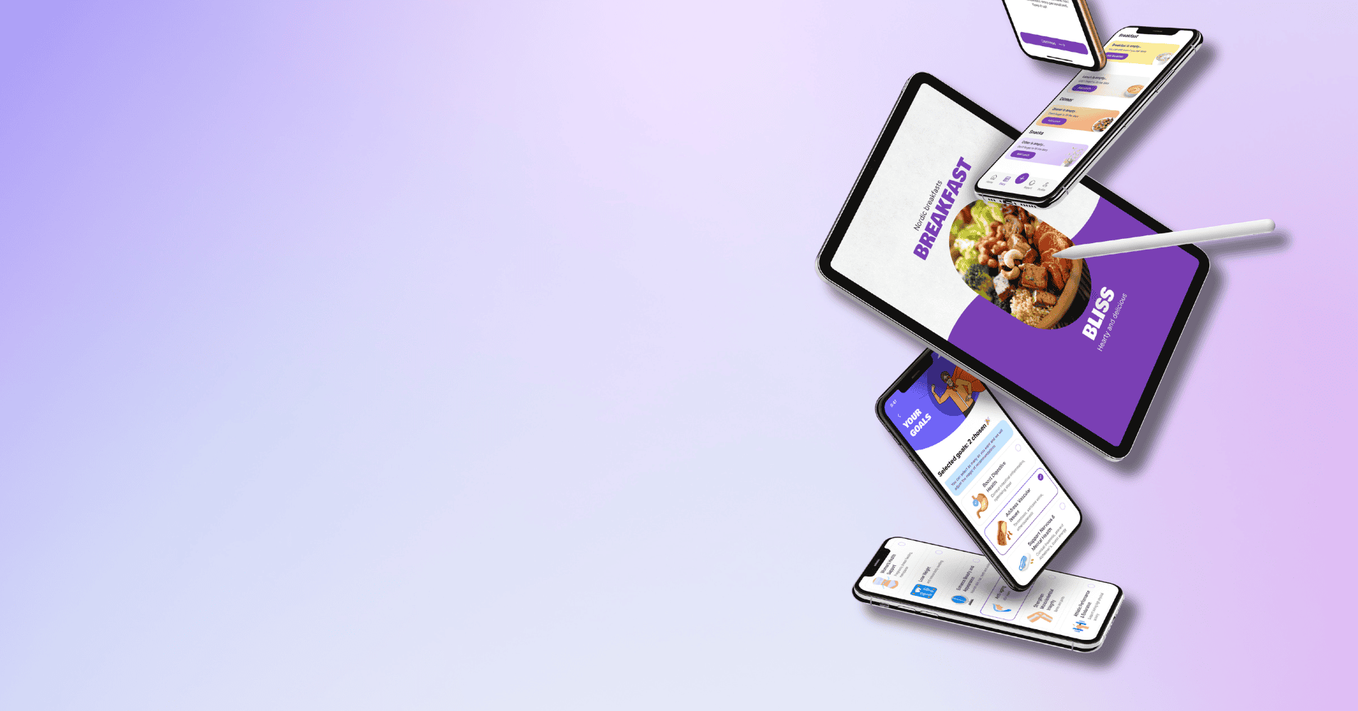 Various smartphones and tablet showing food delivery app screens.